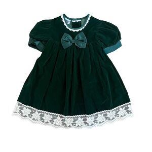 Vintage Jo Lene Green Velvet Dress Holiday Christmas Lace Size 4 Toddler USA